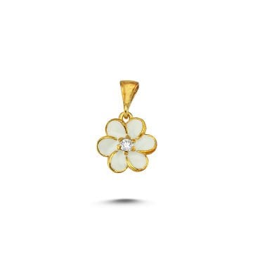 Beelo Gold 14K Altın Beyaz Çiçek Mineli Taşlı Kolye Ucu