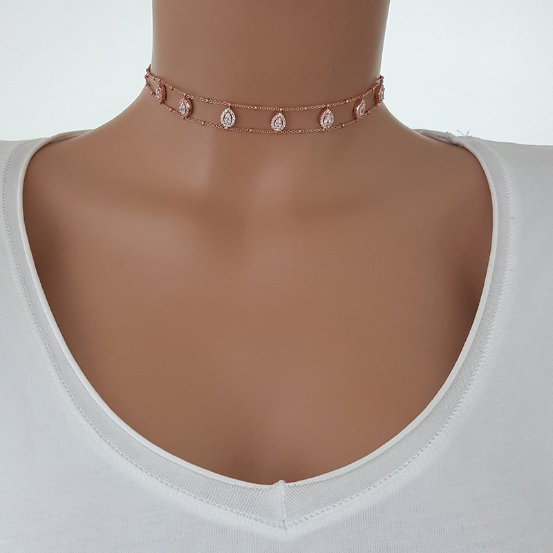 925K Gümüş Damla Taşlı Choker Kolye