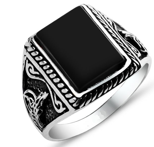 Siyah kare taşlı gümüş erkek yüzüğü el35s2