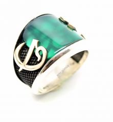 yeşil akik taşlı vav elif erkek yüzüğü tk601