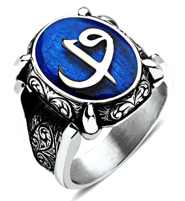 Gümüş mavi mineli vav elif erkek yüzüğü elt2d025