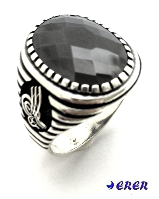 Tuğra işlemeli Siyah zirkon taşlı erkek yüzüğü