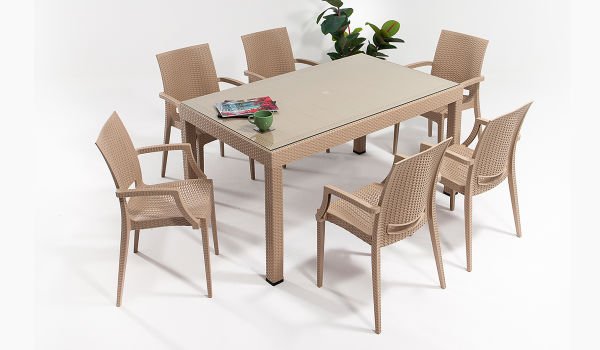 Rattan Large Kollu Camlı Masa Takımı