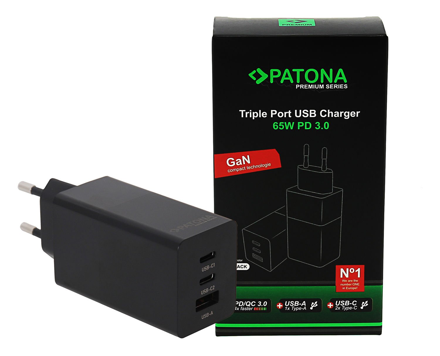 Patona Premium GaN PD65W Adaptör 2xUSB-C 1xUSB-A PD3.0 QC3.0