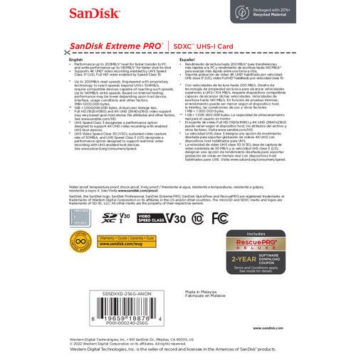 SanDisk 256GB Extreme Pro SDHC/SDXC Hafıza Kartı (200mb)