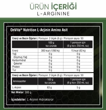 Onvita Nutrition L-arginine Hcl, Aminoasit 5000 Mg 300 gr