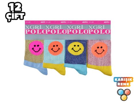 XGRİ POLO 20-1 Bayan Simli Emoji Kolej Çorap 12'li