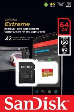 SANDISK 64GB 160MB EXTREME MICROSDXC UHS-I HAFIZA KARTI+ADAPTER  C10, U3, V30, 4K,