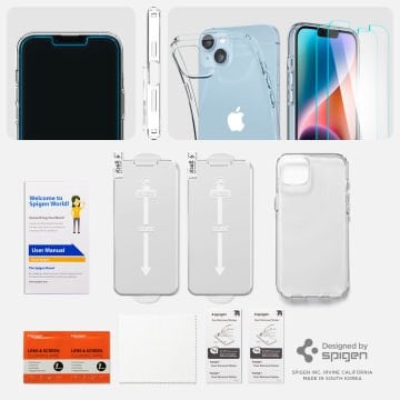 iPhone 14 / iPhone 13 Kılıf, Spigen Crystal Pack + Spigen Glas.tR Slim HD (2 Adet) 360* Cam Ekran Koruyucu Crystal Clear