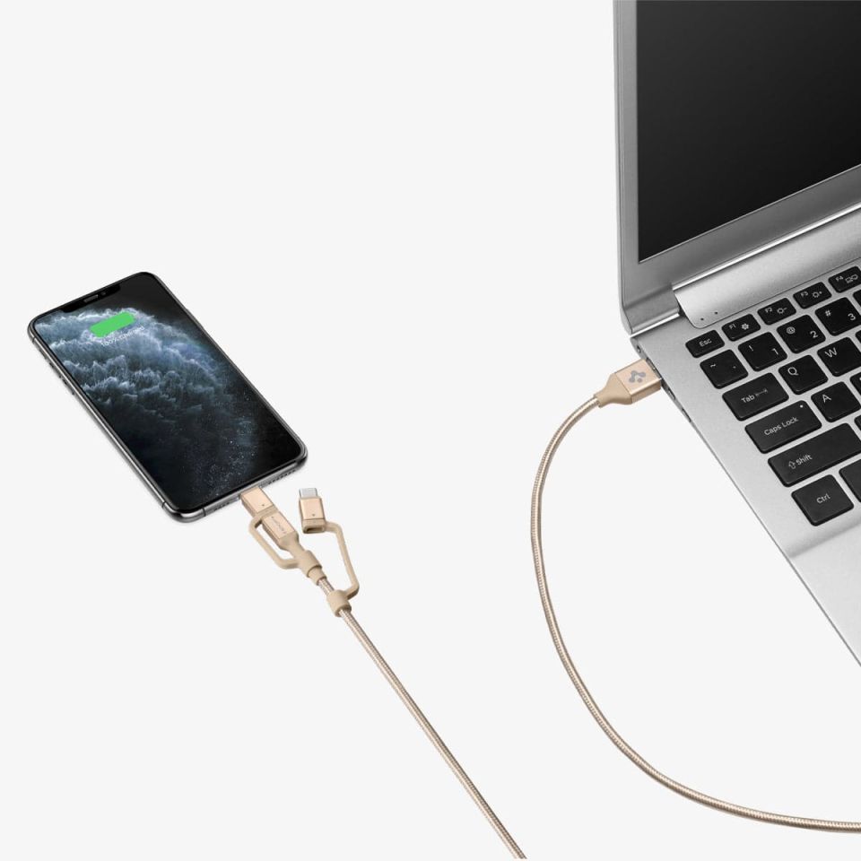 Spigen Essential C10i3 3in1 Lightning + Type-C + Micro USB to USB 2.0 Şarj / Data Dayanıklı Naylon Örgü Kablo (1.5m) Gold