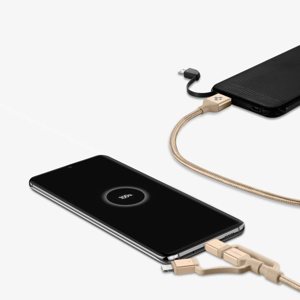 Spigen Essential C10i3 3in1 Lightning + Type-C + Micro USB to USB 2.0 Şarj / Data Dayanıklı Naylon Örgü Kablo (1.5m) Gold