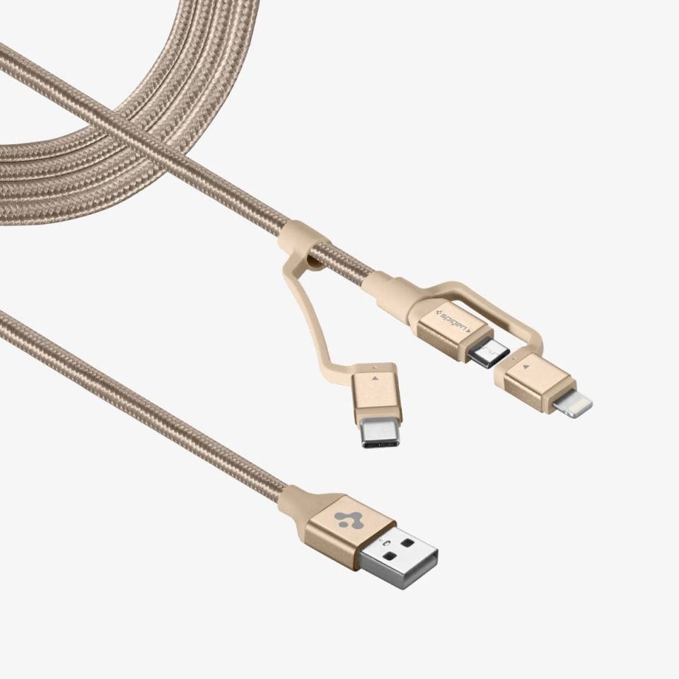 Spigen Essential C10i3 3in1 Lightning + Type-C + Micro USB to USB 2.0 Şarj / Data Dayanıklı Naylon Örgü Kablo (1.5m) Gold