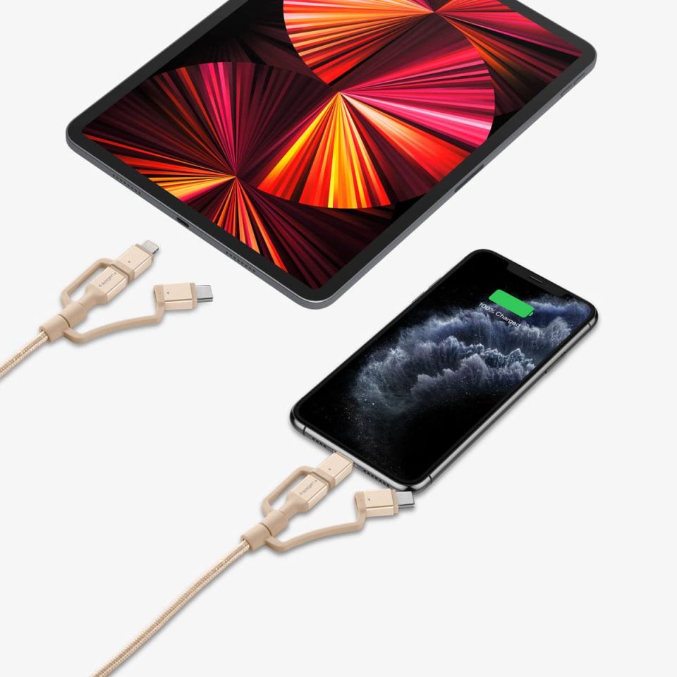 Spigen Essential C10i3 3in1 Lightning + Type-C + Micro USB to USB 2.0 Şarj / Data Dayanıklı Naylon Örgü Kablo (1.5m) Gold