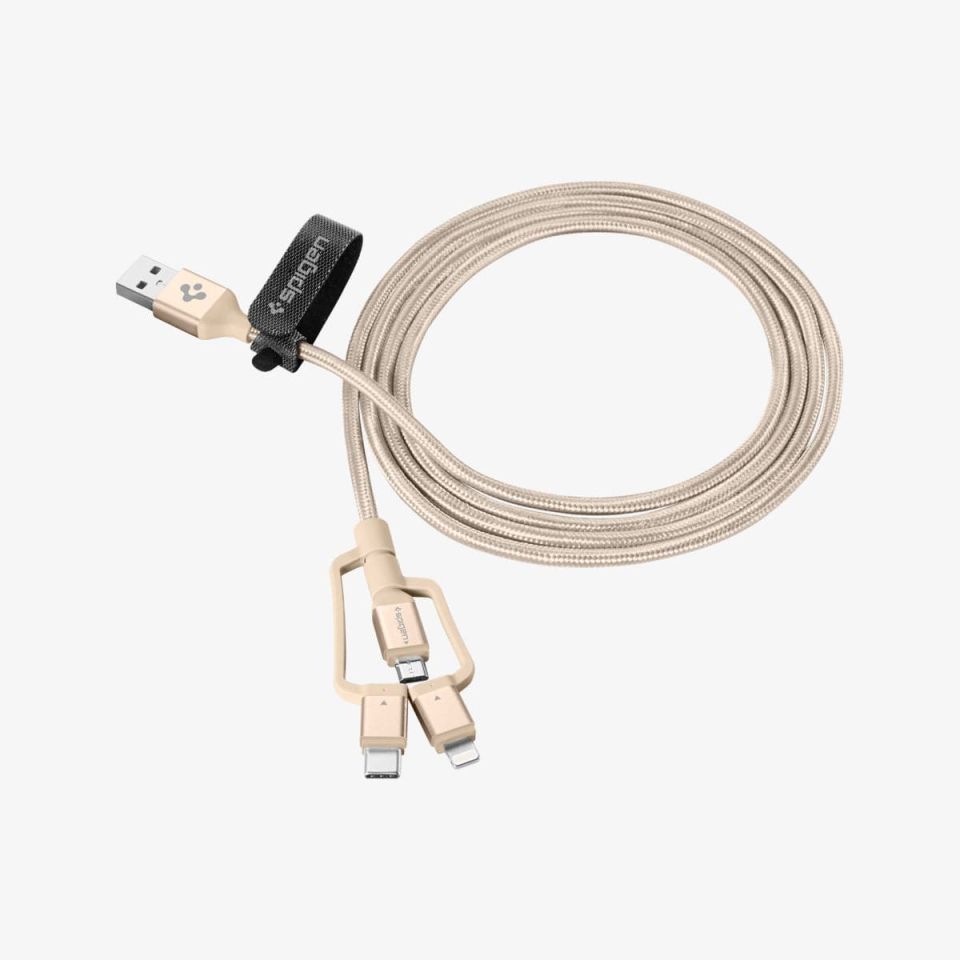 Spigen Essential C10i3 3in1 Lightning + Type-C + Micro USB to USB 2.0 Şarj / Data Dayanıklı Naylon Örgü Kablo (1.5m) Gold