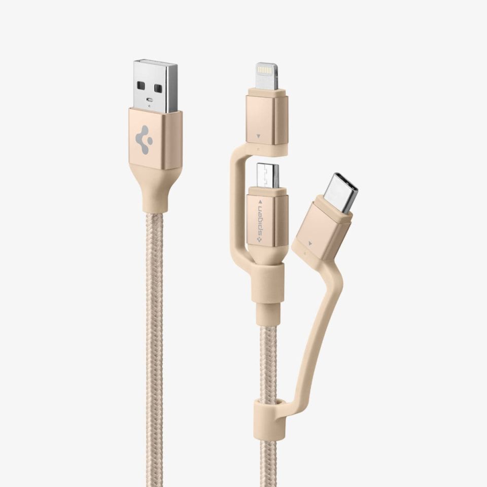 Spigen Essential C10i3 3in1 Lightning + Type-C + Micro USB to USB 2.0 Şarj / Data Dayanıklı Naylon Örgü Kablo (1.5m) Gold