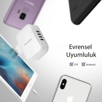 Spigen F401 Şarj Cihazı, 4 USB Giriş+iP (Intelligent Power Technology) Duvar Şarjı Black