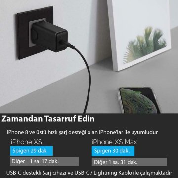 F210 Hızlı Şarj Cihazı, Spigen SteadiBoost 27W USB-C PD 3.0 (Power Delivery) Duvar Şarjı