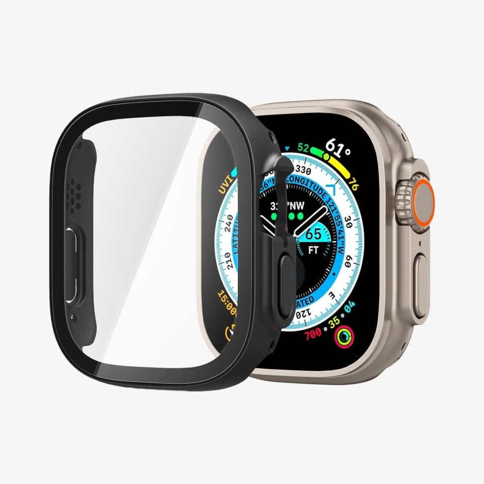Apple Watch Ultra (49mm) ile Uyumlu Kılıf, Spigen Thin Fit 360 + Cam Ekran Koruyucu Black