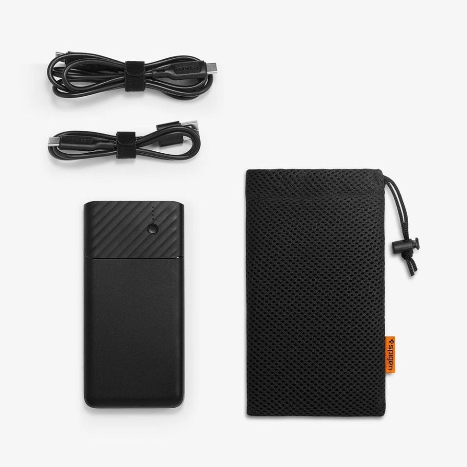 Spigen PocketBoost 10000 mAh 2 Portlu 36W PD 3.0 USB-C (18W) Giriş/Çıkış (Kendini Şarj Etme Hızı) + Quick Charge 3.0 (18W) Taşınabilir Hızlı Şarj Cihazı Powerbank + 2x Type-C Kablo + Taşıma Çantası F732QC