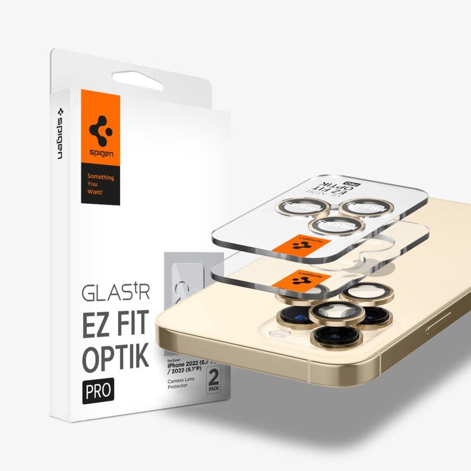 iPhone 14 Pro / iPhone 14 Pro Max Kamera Lens Cam Ekran Koruyucu, Spigen Glas.tR EZ Fit Optik Pro (2 Adet) Gold