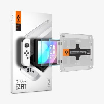 Spigen Nintendo Switch OLED ile Uyumlu Cam Ekran Koruyucu Kolay Kurulum GLAS.tR EZ Fit Slim HD (2 Adet) Clear