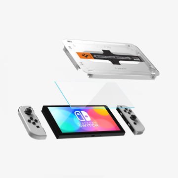 Spigen Nintendo Switch OLED ile Uyumlu Cam Ekran Koruyucu Kolay Kurulum GLAS.tR EZ Fit Slim HD (2 Adet) Clear