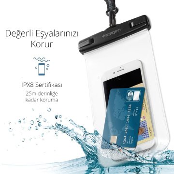 Spigen Universal Waterproof Tüm Cihazlarla Uyumlu IPX8  (25 Metre Dalış Sertifikalı) Su Geçirmez Kılıf Crystal Clear