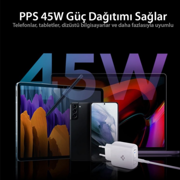 Spigen PowerArc ArcStation Pro 45W Hızlı Şarj Cihazı Gallium Nitride (GaN) / PPS Sertifikalı Samsung Super Fast Charge 2.0 Uyumlu + USB-C Hızlı Şarj Kablosu Galaxy S21 / Note 20 Serisi Adaptörü