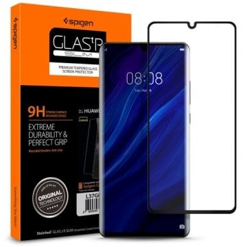 Huawei P30 Pro Kavisli Cam Ekran Koruyucu, Spigen Full Cover Glass Black