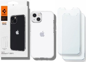 iPhone 13 Kılıf, Spigen Crystal Pack + Spigen Glas.tR Slim HD (2 Adet) 360* Cam Ekran Koruyucu Crystal Clear