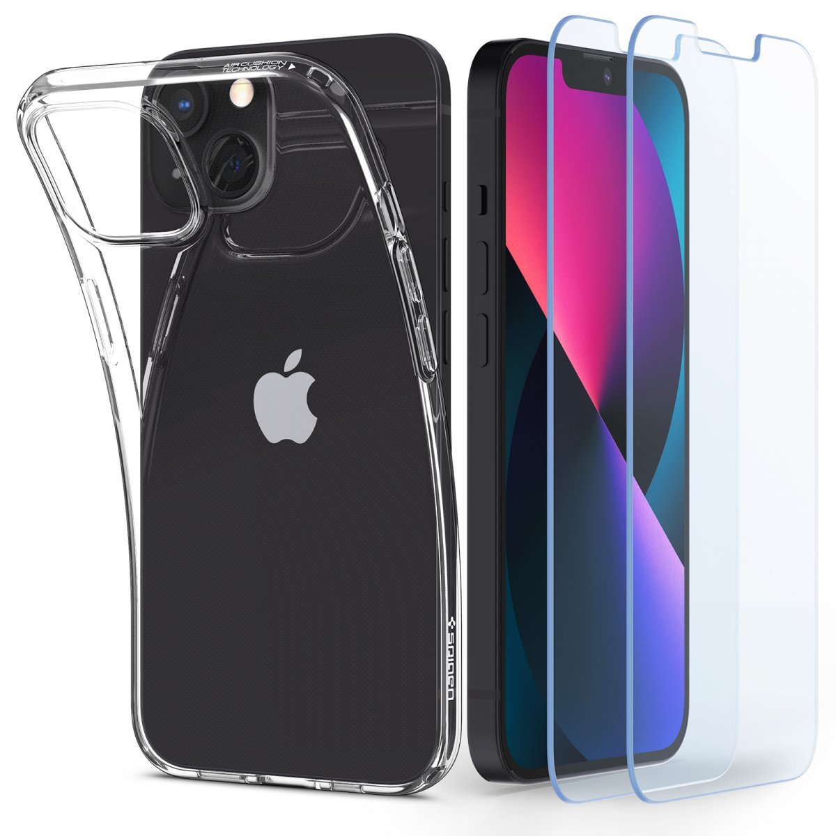 iPhone 13 Mini Kılıf, Spigen Crystal Pack + Spigen Glas.tR Slim HD (2 Adet) 360* Cam Ekran Koruyucu Crystal Clear