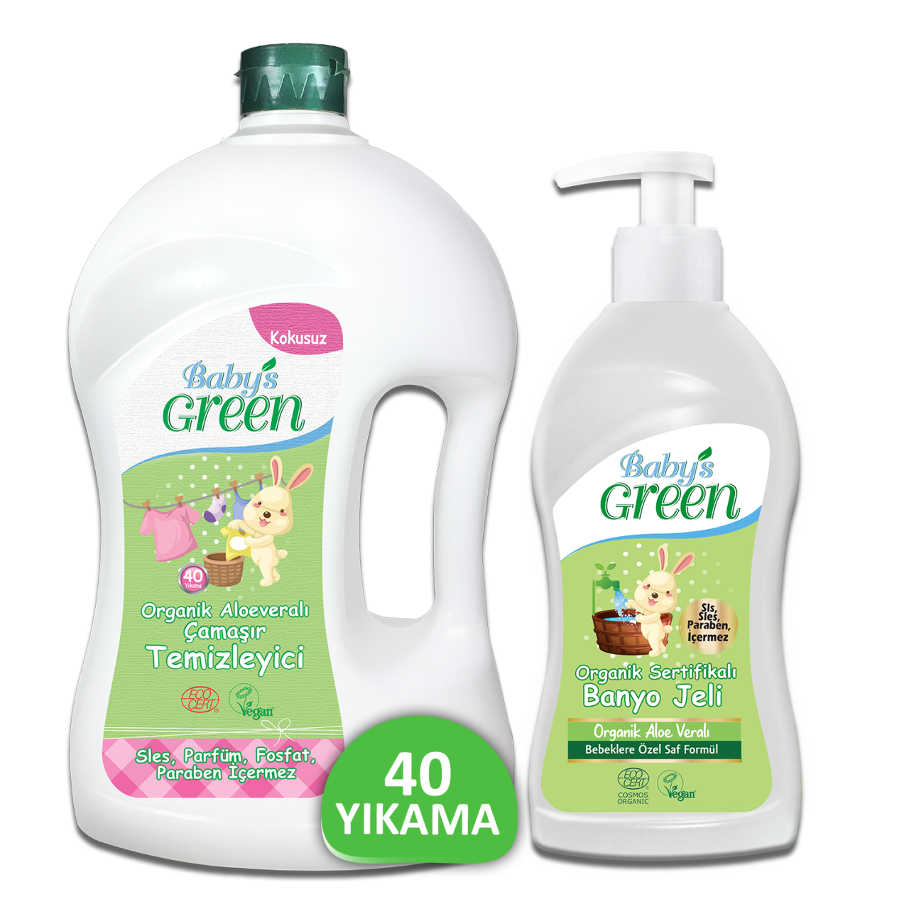 2'li Set Baby's Green Organik AloeVeralı Bebek Çamaşır Temizleyici ECO 40 YIKAMA - Organik Bebek Banyo Jeli 500 ml HEDİYE EcoCosmos