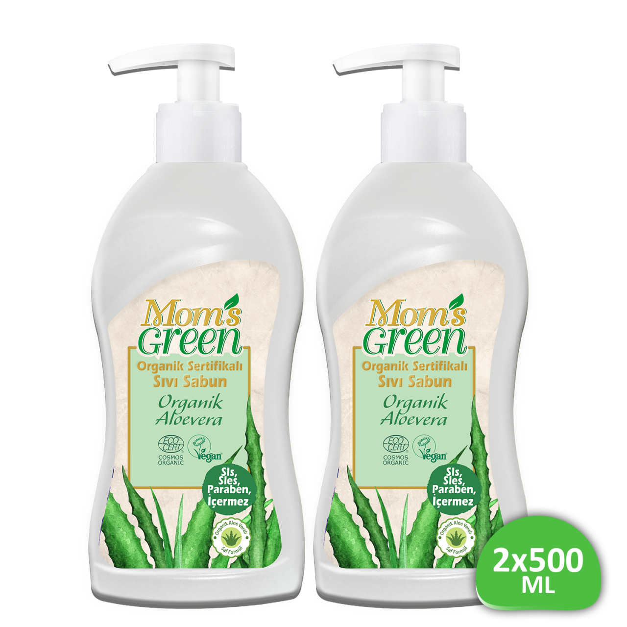 2'li Set Mom's Green Organik Sertifikalı Sıvı Sabun - Organik Aloeveralı 500 ml + 500 ml EcoCosmos