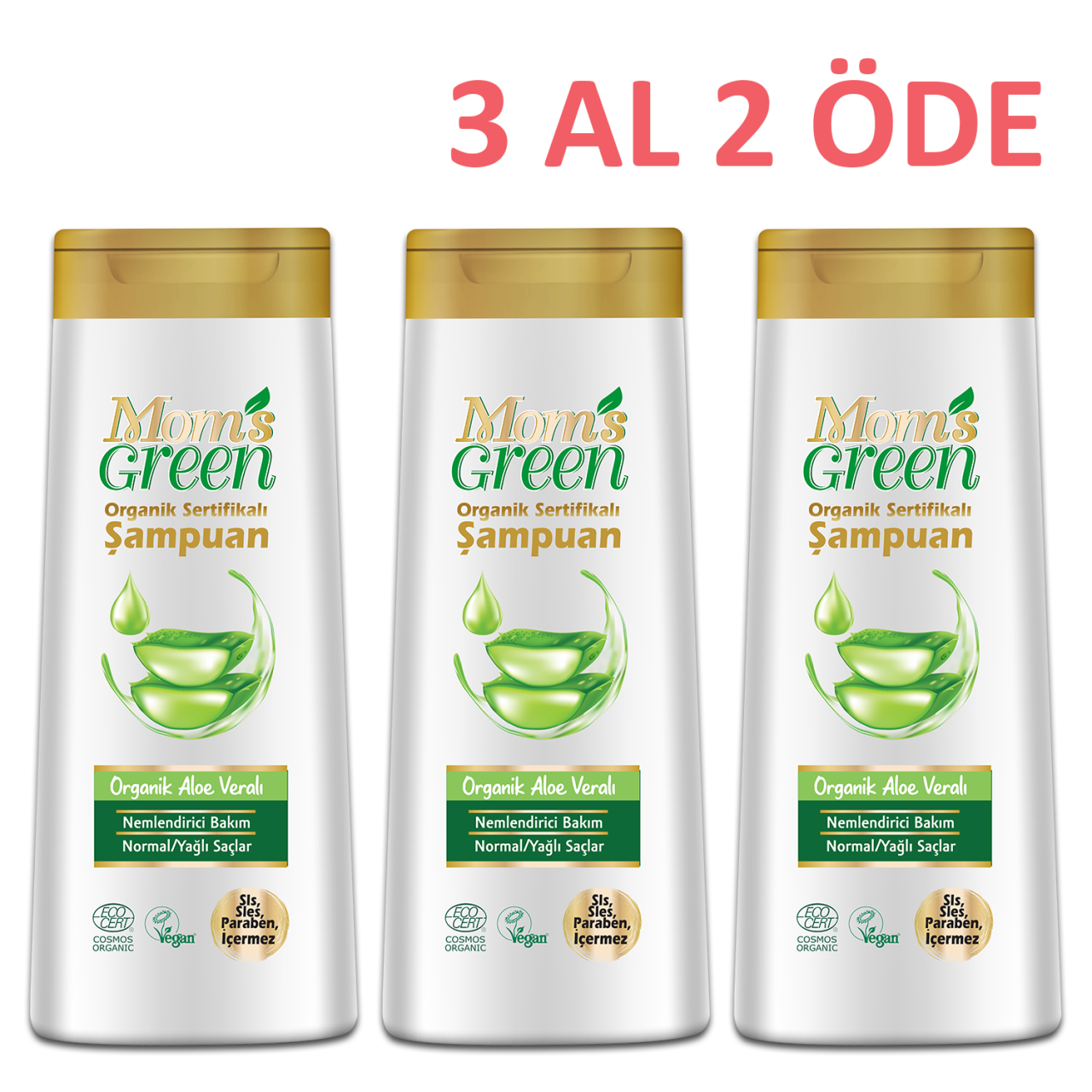 3'lü Set Mom's Green Organik Aloeveralı Şampuan 400 ml 3 Al 2 Öde EcoCosmos
