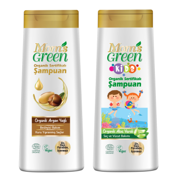 2'li Set Mom's Green KIDS Organik Aloeveralı ÇOCUK Şampuanı + Argan Yağlı Şampuan 400 ml EcoCosmos