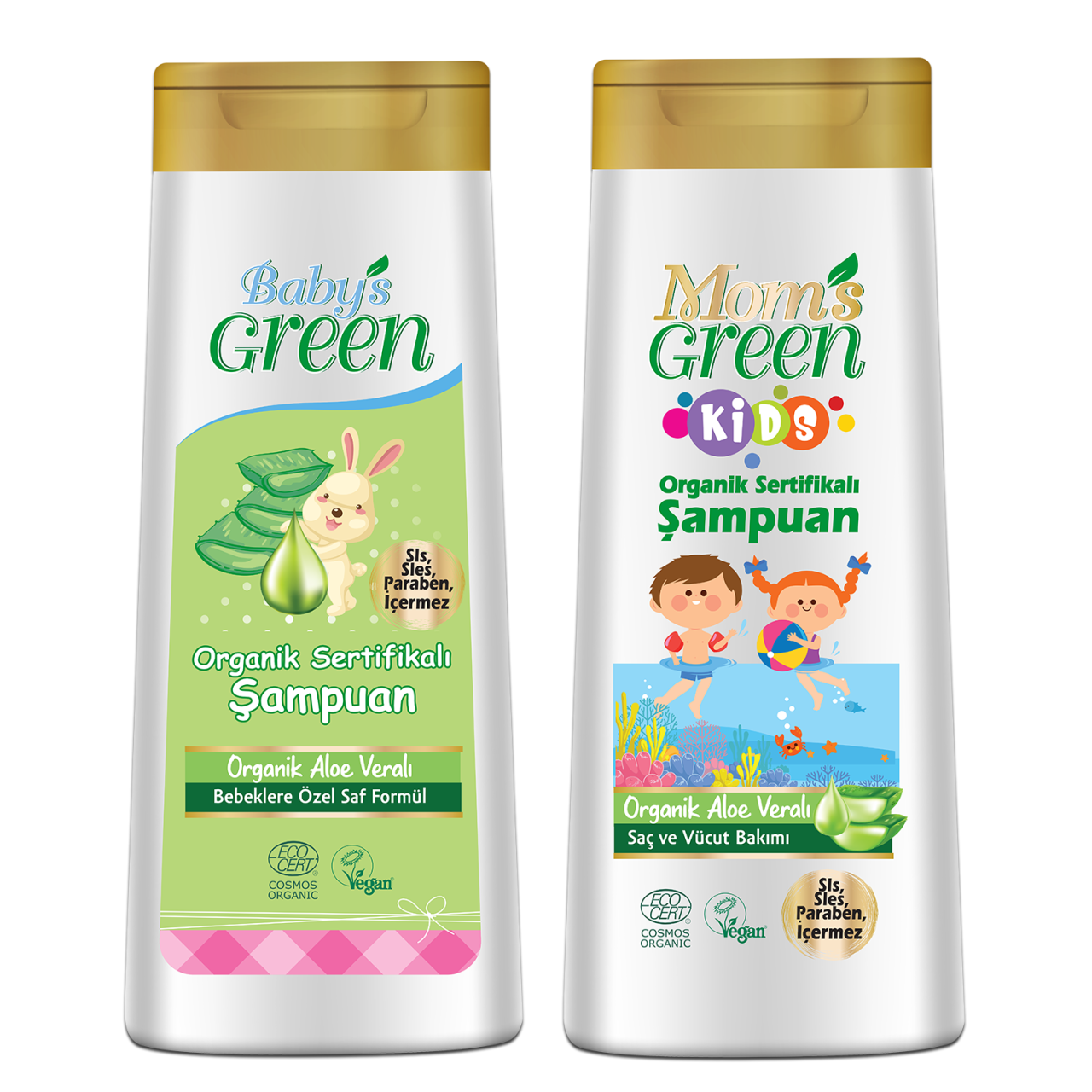 2'li Mom's Green KIDS Organik AloeVeralı Çocuk Şampuanı ve Organik BEBEK Şampuanı Seti 400ml*2 EcoCosmos