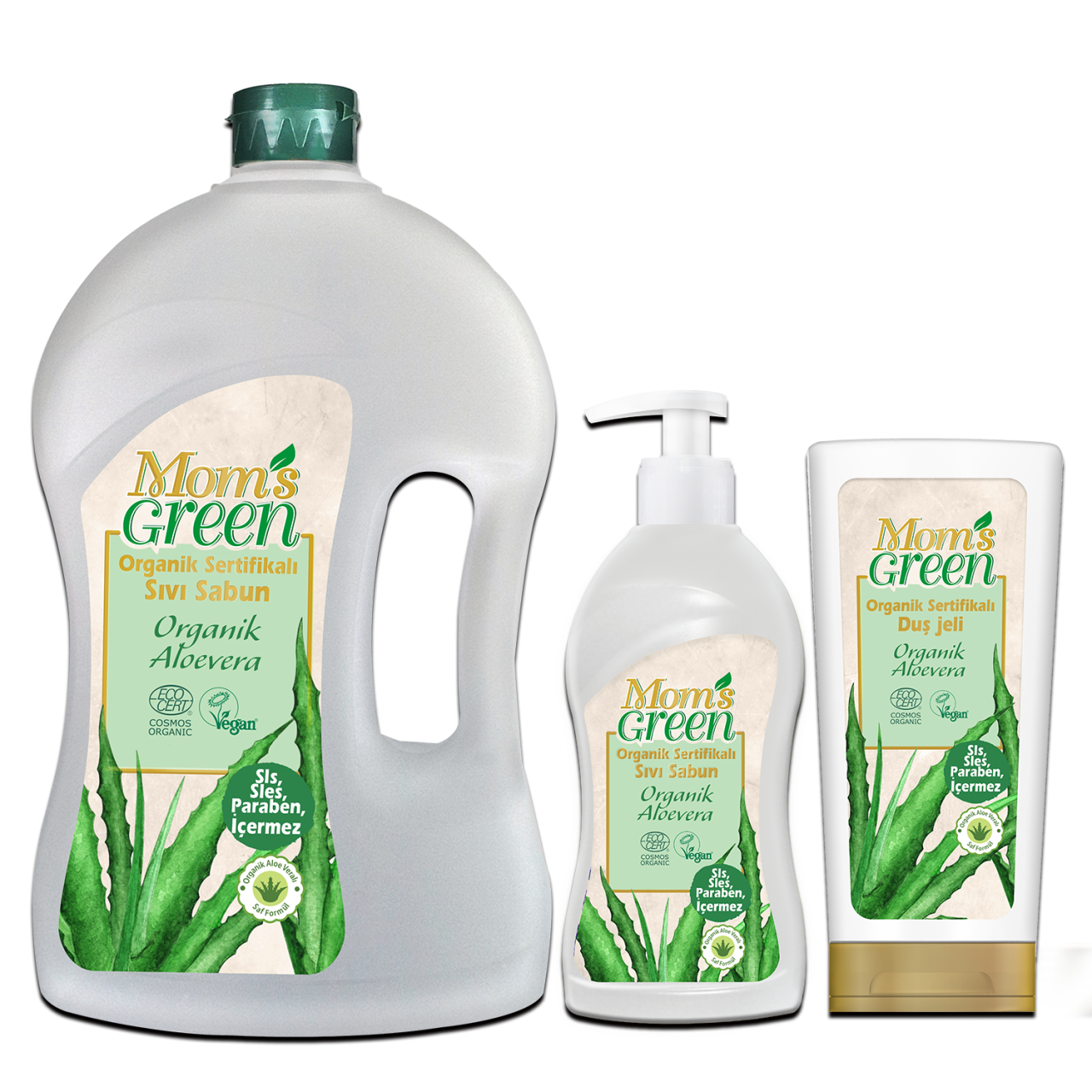 3'lü set Mom’s Green Organik Sertifikalı  Sıvı Sabun - Organik Aloeveralı 1.5 lt + 500 ml + Organik Aloeveralı Duş Jeli