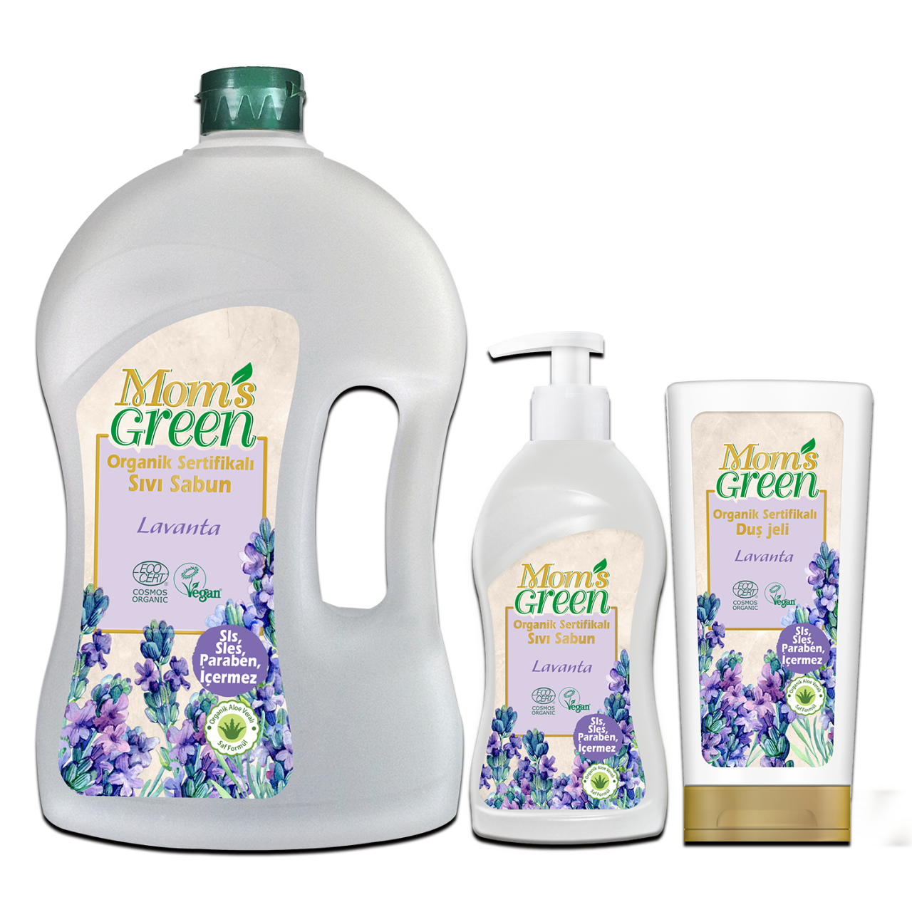 3'lü Set Mom’s Green Organik Sertifikalı  Sıvı Sabun - Lavanta 1.500 ml + 500 ml + Lavantalı Duş Jeli 400ml