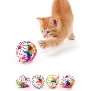 Metal Kafesli Peluş Fare & Kedi Köpek Oyuncağı Oyun Topu
