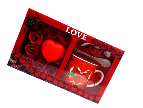 Sevgililer Günü Hediyesi Işıklı Kalp Güllü Kaşıklı Kupa Bardak Seti