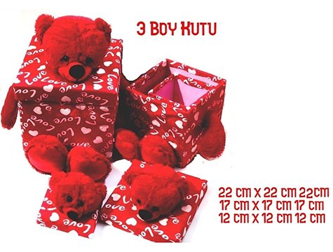 3'Lü Sevgililer Gününe Özel Kırmızı Ayıcık Tasarım Love Hediye Kutusu