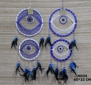 Mavili Beyaz Göz Şeklinde Tüylü Rüya Düş Kapanı Dream Catcher (65 cm x 22 cm)