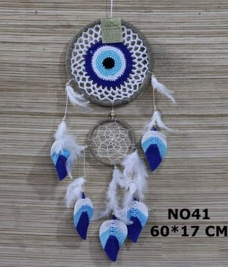 Mavi Yapraklı Dantelli Rüya Düş Kapanı Dream Catcher (60 cm x 17 cm)