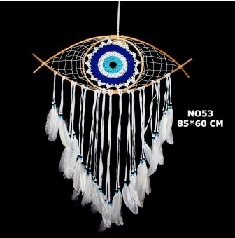 Mavi Boncuklu Tüylü Göz Rüya Düş Kapanı Dream Catcher (85 cm x 60 cm)