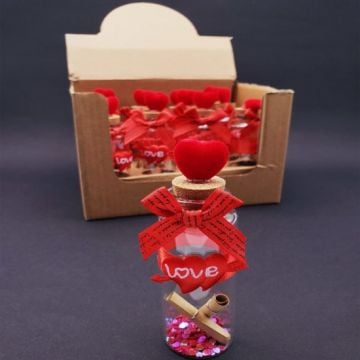 Sevgiliye Özel Kırmızı Kalp Love Kurdeleli Dilek Şişesi (12 Adet)