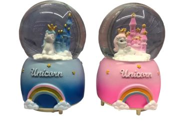 Şato Önünde Unicorn Püskürtmeli Işıklı Müzikli Cam Kar Küresi