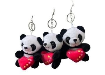 Peluş Kalpli Panda Tasarımlı Anahtarlık Çanta Süsü (12 Adet)