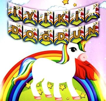 Gökkuşağı Unicorn İyi Ki Doğdun Banner Uzar Yazı
