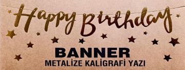 Gold Happy Birthday Banner Uzar Yazı