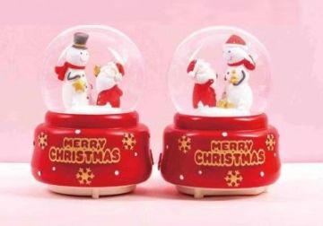 Şapkalı Noel Baba & Kardan Adam Püskürtmeli Müzikli Cam Kar Küresi